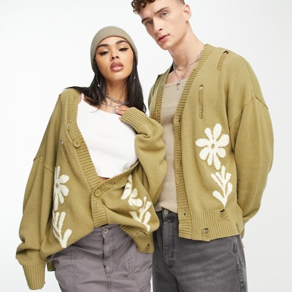 Reclaimed Vintage unisex cardigan distressing flower graphic in khaki green XS 2